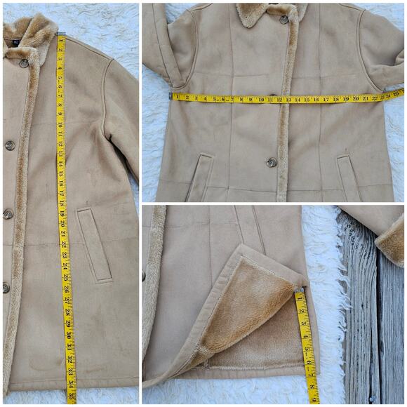 VTG 90s Penny Lane Coat Size L Tan Faux Suede Plush Fur Patchwork Fleet Street - Picture 9 of 11